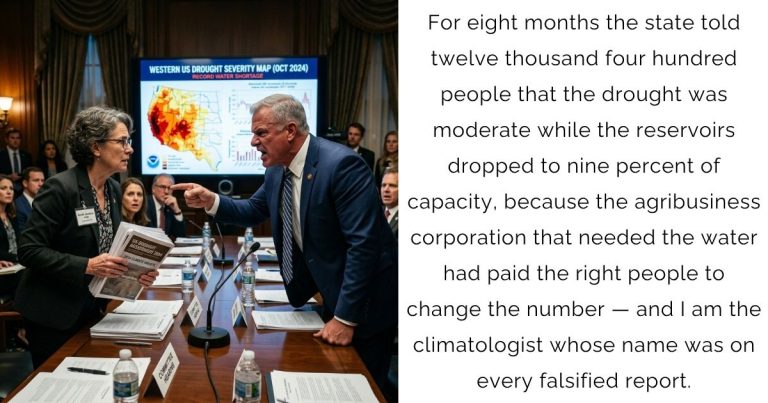 For eight months the state told twelve thousand four hundred people that the drought was moderate while the reservoirs dropped to nine percent of capacity, because the agribusiness corporation that needed the water had paid the right people to change the number — and I am the climatologist whose name was on every falsified report.