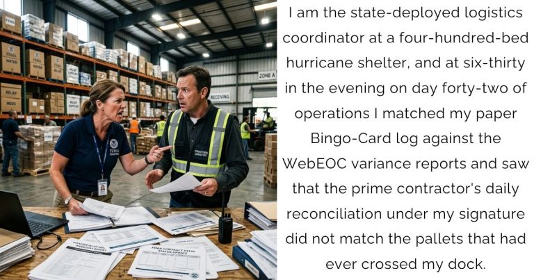 I am the state-deployed logistics coordinator at a four-hundred-bed hurricane shelter, and at six-thirty in the evening on day forty-two of operations I matched my paper Bingo-Card log against the WebEOC variance reports and saw that the prime contractor’s daily reconciliation under my signature did not match the pallets that had ever crossed my dock.