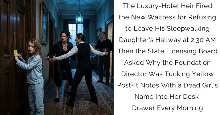 The Luxury-Hotel Heir Fired the New Waitress for Refusing to Leave His Sleepwalking Daughter’s Hallway at 2:30 AM — Then the State Licensing Board Asked Why the Foundation Director Was Tucking Yellow Post-It Notes With a Dead Girl’s Name Into Her Desk Drawer Every Morning