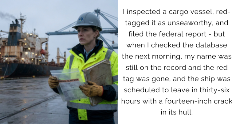 I inspected a cargo vessel, red-tagged it as unseaworthy, and filed the federal report – but when I checked the database the next morning, my name was still on the record and the red tag was gone, and the ship was scheduled to leave in thirty-six hours with a fourteen-inch crack in its hull.