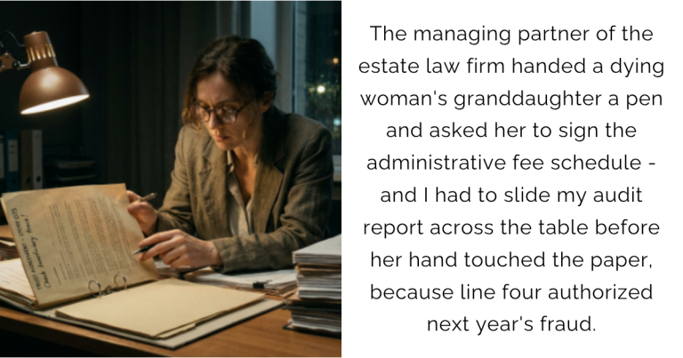 The managing partner of the estate law firm handed a dying woman’s granddaughter a pen and asked her to sign the administrative fee schedule – and I had to slide my audit report across the table before her hand touched the paper, because line four authorized next year’s fraud.