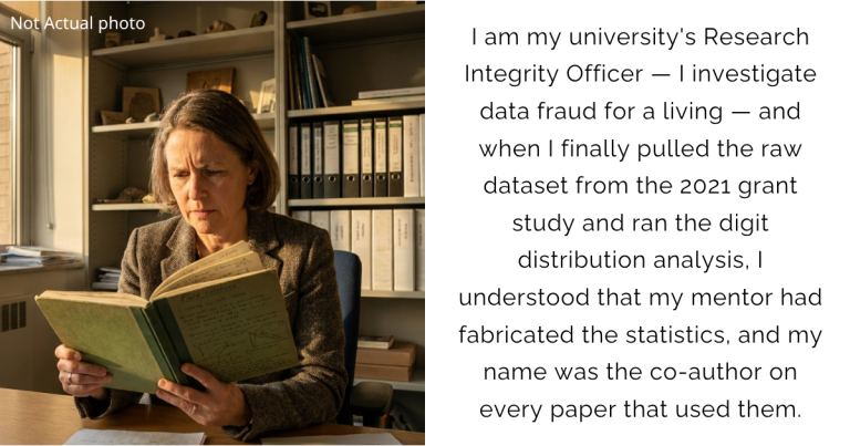 I am my university’s Research Integrity Officer — I investigate data fraud for a living — and when I finally pulled the raw dataset from the 2021 grant study and ran the digit distribution analysis, I understood that my mentor had fabricated the statistics, and my name was the co-author on every paper that used them.
