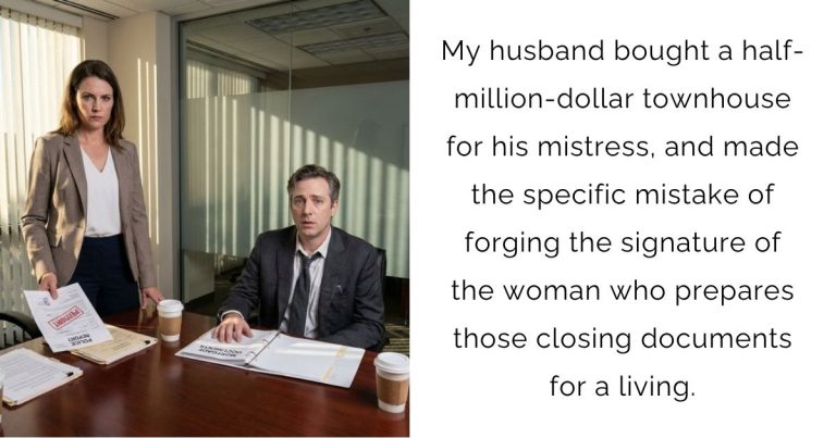 My husband bought a half-million-dollar townhouse for his mistress, and made the specific mistake of forging the signature of the woman who prepares those closing documents for a living.