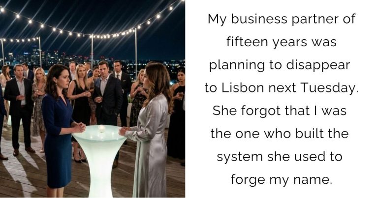 My business partner of fifteen years was planning to disappear to Lisbon next Tuesday. She forgot that I was the one who built the system she used to forge my name.