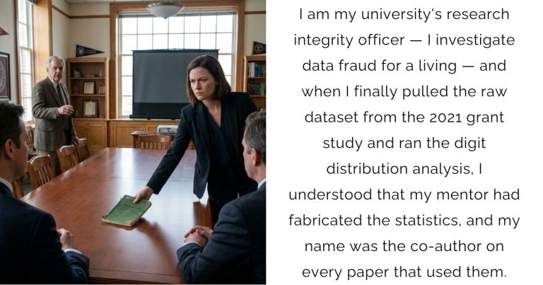 I am my university’s research integrity officer — I investigate data fraud for a living — and when I finally pulled the raw dataset from the 2021 grant study and ran the digit distribution analysis, I understood that my mentor had fabricated the statistics, and my name was the co-author on every paper that used them.