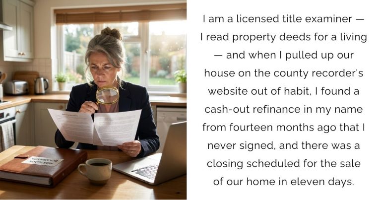 I am a licensed title examiner — I read property deeds for a living — and when I pulled up our house on the county recorder’s website out of habit, I found a cash-out refinance in my name from fourteen months ago that I never signed, and there was a closing scheduled for the sale of our home in eleven days.