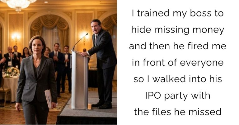 I trained my boss to hide missing money and then he fired me in front of everyone so I walked into his IPO party with the files he missed