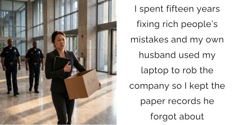 I spent fifteen years fixing rich people’s mistakes and my own husband used my laptop to rob the company so I kept the paper records he forgot about