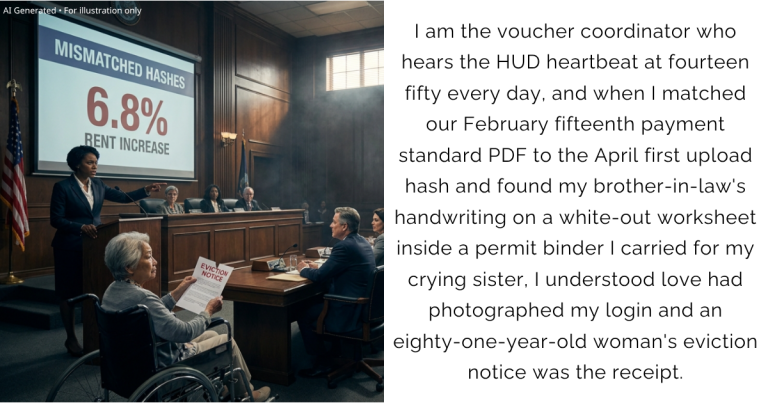 I am the voucher coordinator who hears the HUD heartbeat at fourteen fifty every day, and when I matched our February fifteenth payment standard PDF to the April first upload hash and found my brother-in-law’s handwriting on a white-out worksheet inside a permit binder I carried for my crying sister, I understood love had photographed my login and an eighty-one-year-old woman’s eviction notice was the receipt.