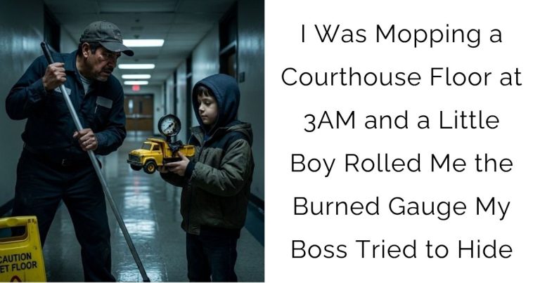 I Was Mopping a Courthouse Floor at 3AM and a Little Boy Rolled Me the Burned Gauge My Boss Tried to Hide