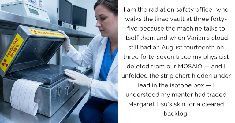 I am the radiation safety officer who walks the linac vault at three forty-five because the machine talks to itself then, and when Varian’s cloud still had an August fourteenth oh three forty-seven trace my physicist deleted from our MOSAIQ — and I unfolded the strip chart hidden under lead in the isotope box — I understood my mentor had traded Margaret Hsu’s skin for a cleared backlog.