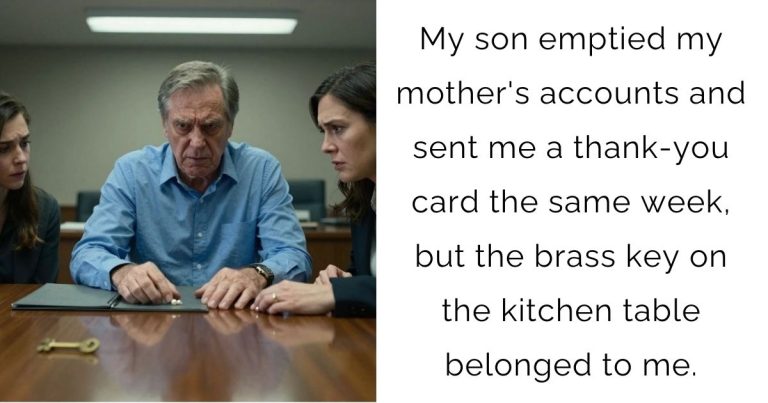 My son emptied my mother’s accounts and sent me a thank-you card the same week, but the brass key on the kitchen table belonged to me.