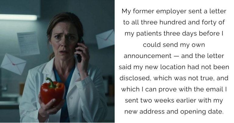 My former employer sent a letter to all three hundred and forty of my patients three days before I could send my own announcement — and the letter said my new location had not been disclosed, which was not true, and which I can prove with the email I sent two weeks earlier with my new address and opening date.