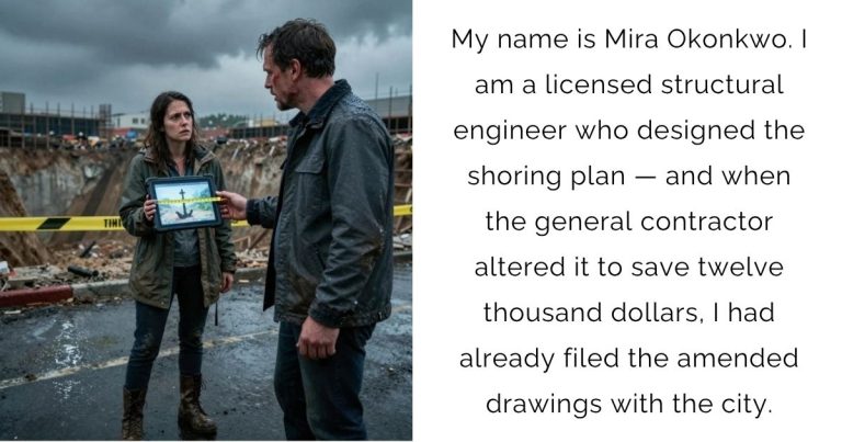 My name is Mira Okonkwo. I am a licensed structural engineer who designed the shoring plan — and when the general contractor altered it to save twelve thousand dollars, I had already filed the amended drawings with the city.