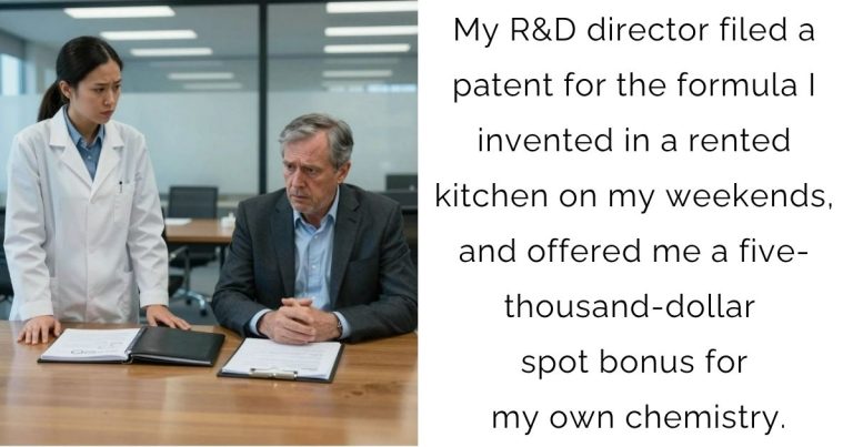 My R&D director filed a patent for the formula I invented in a rented kitchen on my weekends, and offered me a five-thousand-dollar spot bonus for my own chemistry.