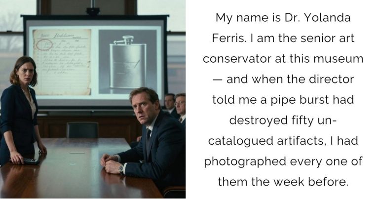 My name is Dr. Yolanda Ferris. I am the senior art conservator at this museum — and when the director told me a pipe burst had destroyed fifty un-catalogued artifacts, I had photographed every one of them the week before.
