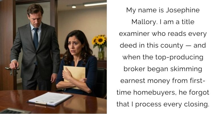My name is Josephine Mallory. I am a title examiner who reads every deed in this county — and when the top-producing broker began skimming earnest money from first-time homebuyers, he forgot that I process every closing.