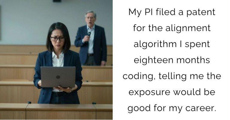 My PI filed a patent for the alignment algorithm I spent eighteen months coding, telling me the exposure would be good for my career.