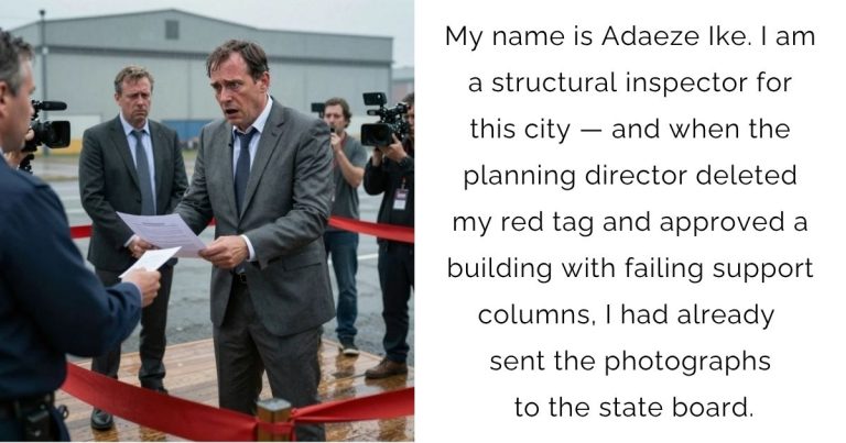 My name is Adaeze Ike. I am a structural inspector for this city — and when the planning director deleted my red tag and approved a building with failing support columns, I had already sent the photographs to the state board.