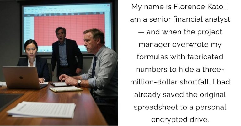 My name is Florence Kato. I am a senior financial analyst — and when the project manager overwrote my formulas with fabricated numbers to hide a three-million-dollar shortfall, I had already saved the original spreadsheet to a personal encrypted drive.