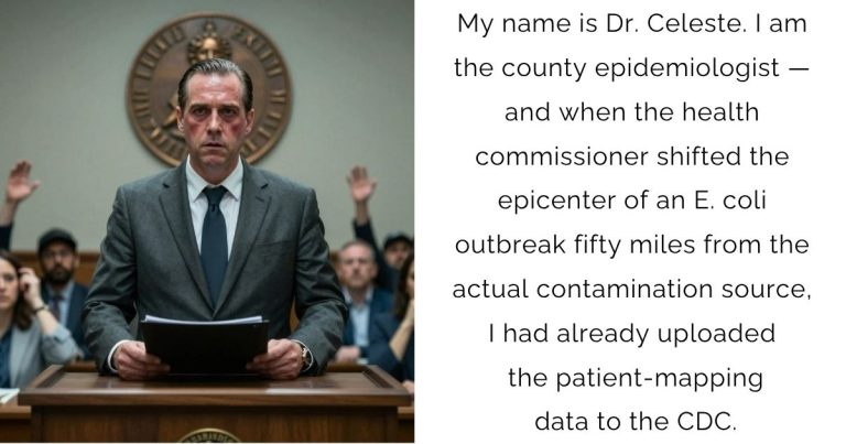 My name is Dr. Celeste. I am the county epidemiologist — and when the health commissioner shifted the epicenter of an E. coli outbreak fifty miles from the actual contamination source, I had already uploaded the patient-mapping data to the CDC.