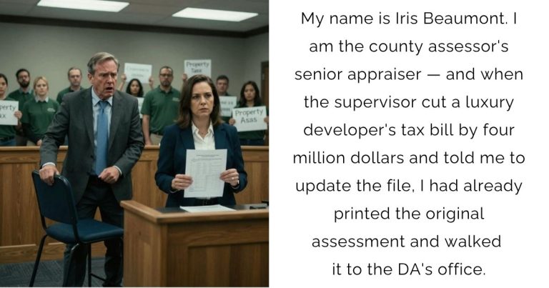 My name is Iris Beaumont. I am the county assessor’s senior appraiser — and when the supervisor cut a luxury developer’s tax bill by four million dollars and told me to update the file, I had already printed the original assessment and walked it to the DA’s office.