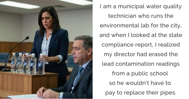 I am a municipal water quality technician who runs the environmental lab for the city, and when I looked at the state compliance report, I realized my director had erased the lead contamination readings from a public school so he wouldn’t have to pay to replace their pipes.