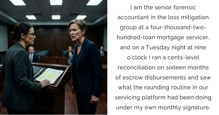 I am the senior forensic accountant in the loss mitigation group at a four-thousand-two-hundred-loan mortgage servicer, and on a Tuesday night at nine o’clock I ran a cents-level reconciliation on sixteen months of escrow disbursements and saw what the rounding routine in our servicing platform had been doing under my own monthly signature.