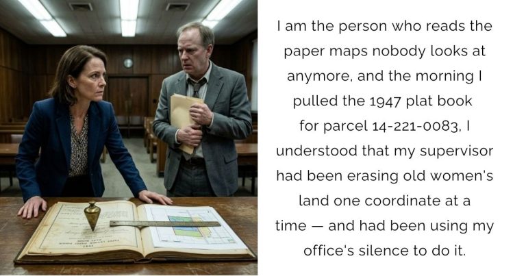 I am the person who reads the paper maps nobody looks at anymore, and the morning I pulled the 1947 plat book for parcel 14-221-0083, I understood that my supervisor had been erasing old women’s land one coordinate at a time — and had been using my office’s silence to do it.