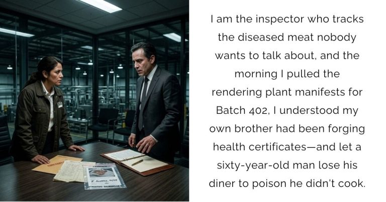 I am the inspector who tracks the diseased meat nobody wants to talk about, and the morning I pulled the rendering plant manifests for Batch 402, I understood my own brother had been forging health certificates—and let a sixty-year-old man lose his diner to poison he didn’t cook.