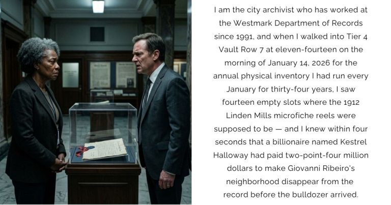 I am the city archivist who has worked at the Westmark Department of Records since 1991, and when I walked into Tier 4 Vault Row 7 at eleven-fourteen on the morning of January 14, 2026 for the annual physical inventory I had run every January for thirty-four years, I saw fourteen empty slots where the 1912 Linden Mills microfiche reels were supposed to be — and I knew within four seconds that a billionaire named Kestrel Halloway had paid two-point-four million dollars to make Giovanni Ribeiro’s neighborhood disappear from the record before the bulldozer arrived.
