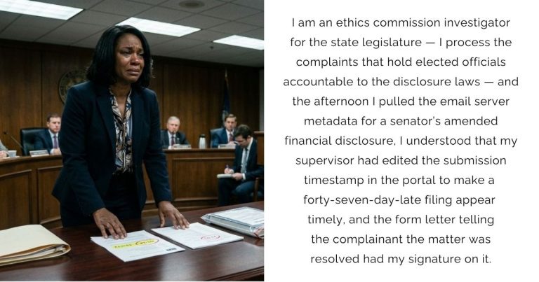 I am an ethics commission investigator for the state legislature — I process the complaints that hold elected officials accountable to the disclosure laws — and the afternoon I pulled the email server metadata for a senator’s amended financial disclosure, I understood that my supervisor had edited the submission timestamp in the portal to make a forty-seven-day-late filing appear timely, and the form letter telling the complainant the matter was resolved had my signature on it.