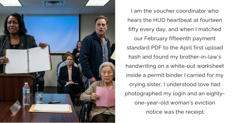 I am the voucher coordinator who hears the HUD heartbeat at fourteen fifty every day, and when I matched our February fifteenth payment standard PDF to the April first upload hash and found my brother-in-law’s handwriting on a white-out worksheet inside a permit binder I carried for my crying sister, I understood love had photographed my login and an eighty-one-year-old woman’s eviction notice was the receipt.