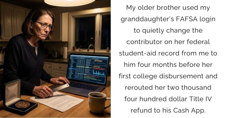 My older brother used my granddaughter’s FAFSA login to quietly change the contributor on her federal student-aid record from me to him four months before her first college disbursement and rerouted her two thousand four hundred dollar Title IV refund to his Cash App.
