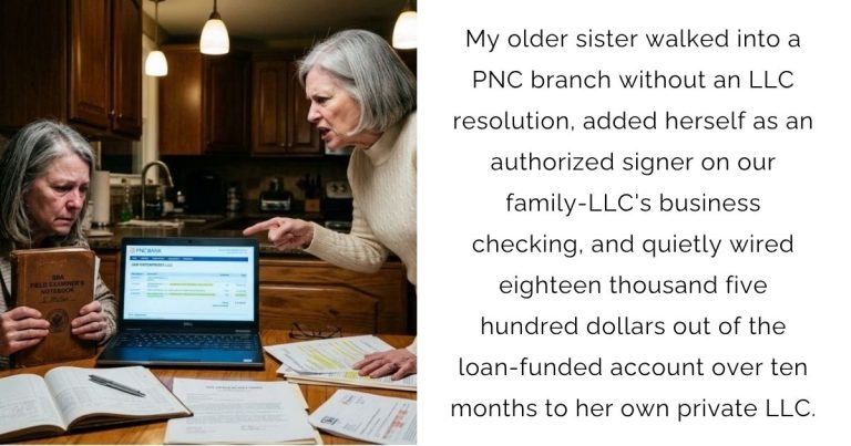 My older sister walked into a PNC branch without an LLC resolution, added herself as an authorized signer on our family-LLC’s business checking, and quietly wired eighteen thousand five hundred dollars out of the loan-funded account over ten months to her own private LLC.
