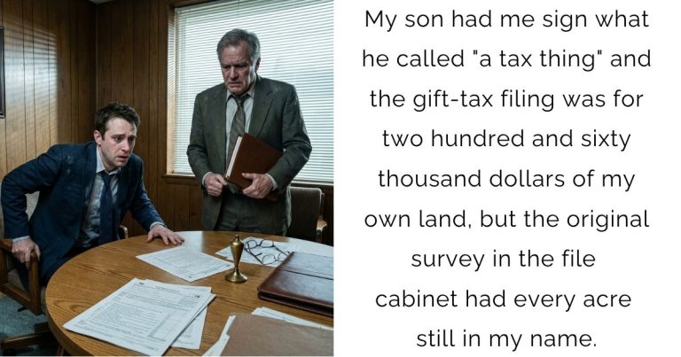 My son had me sign what he called “a tax thing” and the gift-tax filing was for two hundred and sixty thousand dollars of my own land, but the original survey in the file cabinet had every acre still in my name.