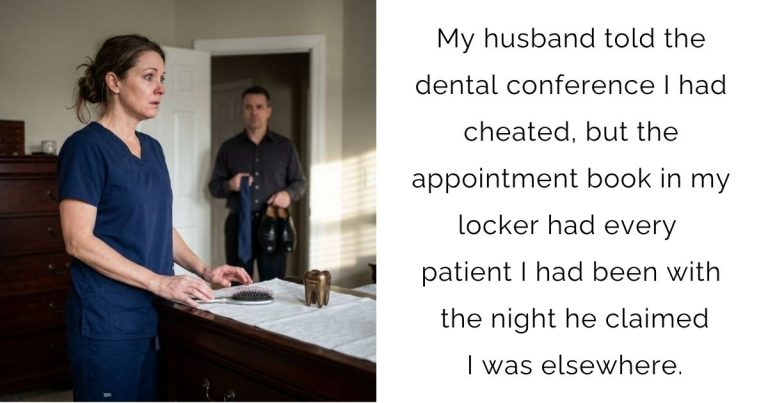 My husband told the dental conference I had cheated, but the appointment book in my locker had every patient I had been with the night he claimed I was elsewhere.
