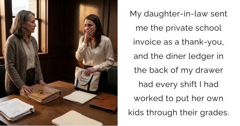 My daughter-in-law sent me the private school invoice as a thank-you, and the diner ledger in the back of my drawer had every shift I had worked to put her own kids through their grades.