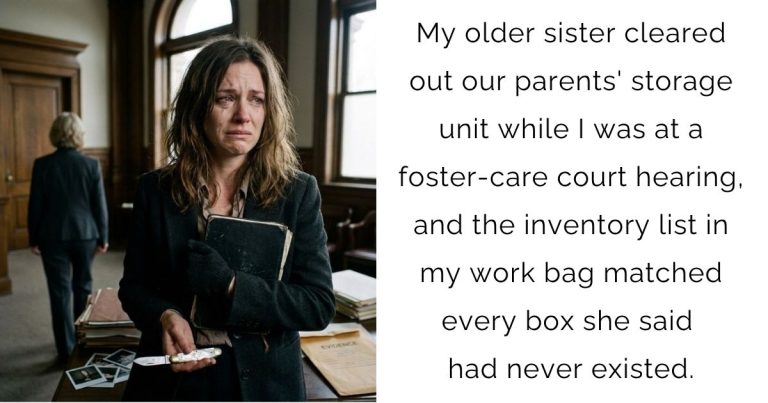 My older sister cleared out our parents’ storage unit while I was at a foster-care court hearing, and the inventory list in my work bag matched every box she said had never existed.