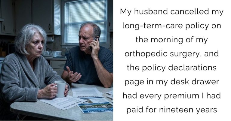My husband cancelled my long-term-care policy on the morning of my orthopedic surgery, and the policy declarations page in my desk drawer had every premium I had paid for nineteen years