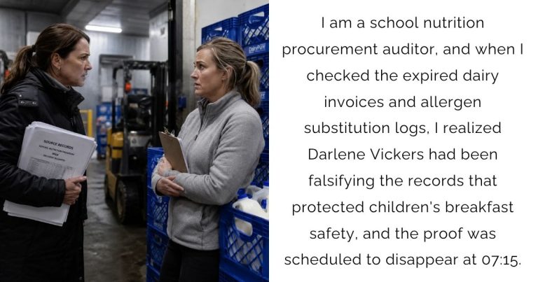 I am a school nutrition procurement auditor, and when I checked the expired dairy invoices and allergen substitution logs, I realized Darlene Vickers had been falsifying the records that protected children’s breakfast safety, and the proof was scheduled to disappear at 07:15.