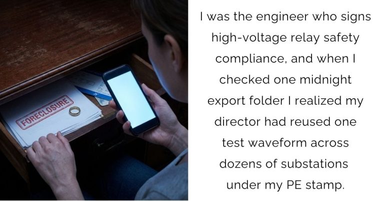 I was the engineer who signs high-voltage relay safety compliance, and when I checked one midnight export folder I realized my director had reused one test waveform across dozens of substations under my PE stamp.