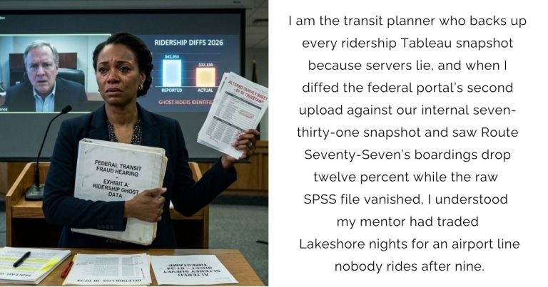 I am the transit planner who backs up every ridership Tableau snapshot because servers lie, and when I diffed the federal portal’s second upload against our internal seven-thirty-one snapshot and saw Route Seventy-Seven’s boardings drop twelve percent while the raw SPSS file vanished, I understood my mentor had traded Lakeshore nights for an airport line nobody rides after nine.