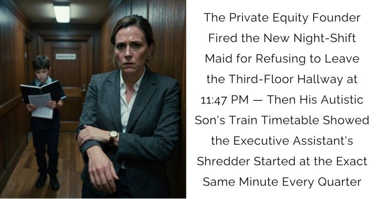 The Private Equity Founder Fired the New Night-Shift Maid for Refusing to Leave the Third-Floor Hallway at 11:47 PM — Then His Autistic Son’s Train Timetable Showed the Executive Assistant’s Shredder Started at the Exact Same Minute Every Quarter