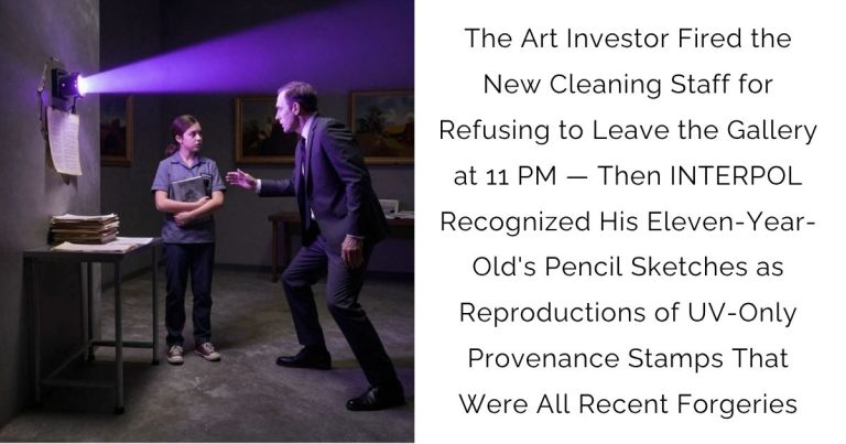 The Art Investor Fired the New Cleaning Staff for Refusing to Leave the Gallery at 11 PM — Then INTERPOL Recognized His Eleven-Year-Old’s Pencil Sketches as Reproductions of UV-Only Provenance Stamps That Were All Recent Forgeries