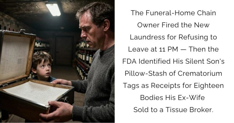 The Funeral-Home Chain Owner Fired the New Laundress for Refusing to Leave at 11 PM — Then the FDA Identified His Silent Son’s Pillow-Stash of Crematorium Tags as Receipts for Eighteen Bodies His Ex-Wife Sold to a Tissue Broker.