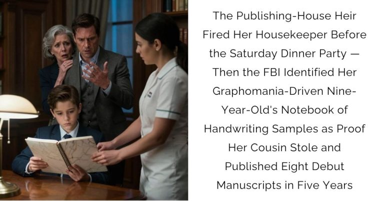 The Publishing-House Heir Fired Her Housekeeper Before the Saturday Dinner Party — Then the FBI Identified Her Graphomania-Driven Nine-Year-Old’s Notebook of Handwriting Samples as Proof Her Cousin Stole and Published Eight Debut Manuscripts in Five Years