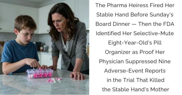 The Pharma Heiress Fired Her Stable Hand Before Sunday’s Board Dinner — Then the FDA Identified Her Selective-Mute Eight-Year-Old’s Pill Organizer as Proof Her Physician Suppressed Nine Adverse-Event Reports in the Trial That Killed the Stable Hand’s Mother