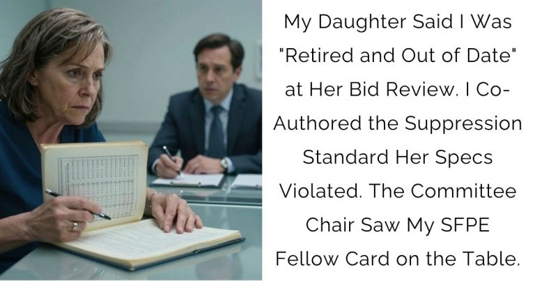My Daughter Said I Was “Retired and Out of Date” at Her Bid Review. I Co-Authored the Suppression Standard Her Specs Violated. The Committee Chair Saw My SFPE Fellow Card on the Table.