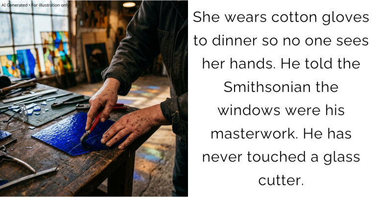 She wears cotton gloves to dinner so no one sees her hands. He told the Smithsonian the windows were his masterwork. He has never touched a glass cutter.